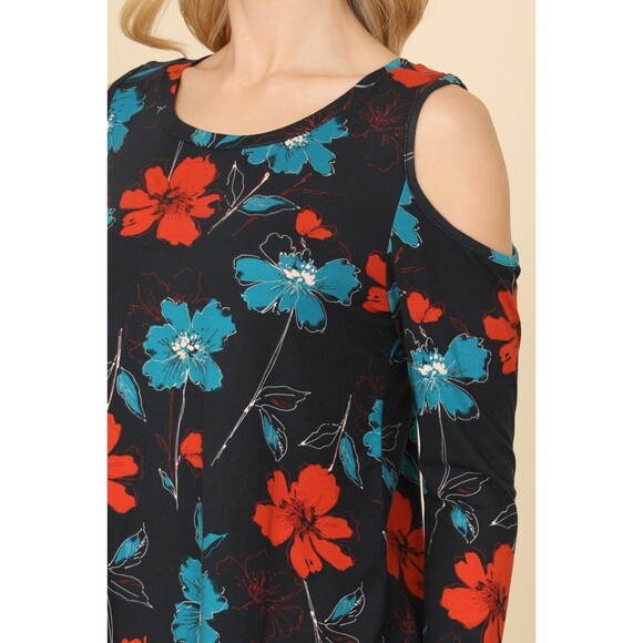 Viamor Women’s Cold Shoulder Floral Top Long Sleeve Black Rust Teal Size M - Picture 6 of 12